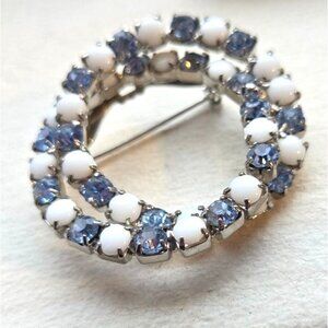 Vintage MILK GLASS Rhinestone DUAL HOOP PIN BROOCH ESTATE Jewelry